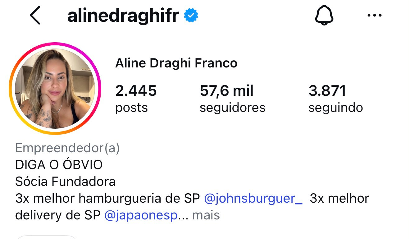 Perfil do Instagram de Aline Draghi Franco, @alinedraghifr